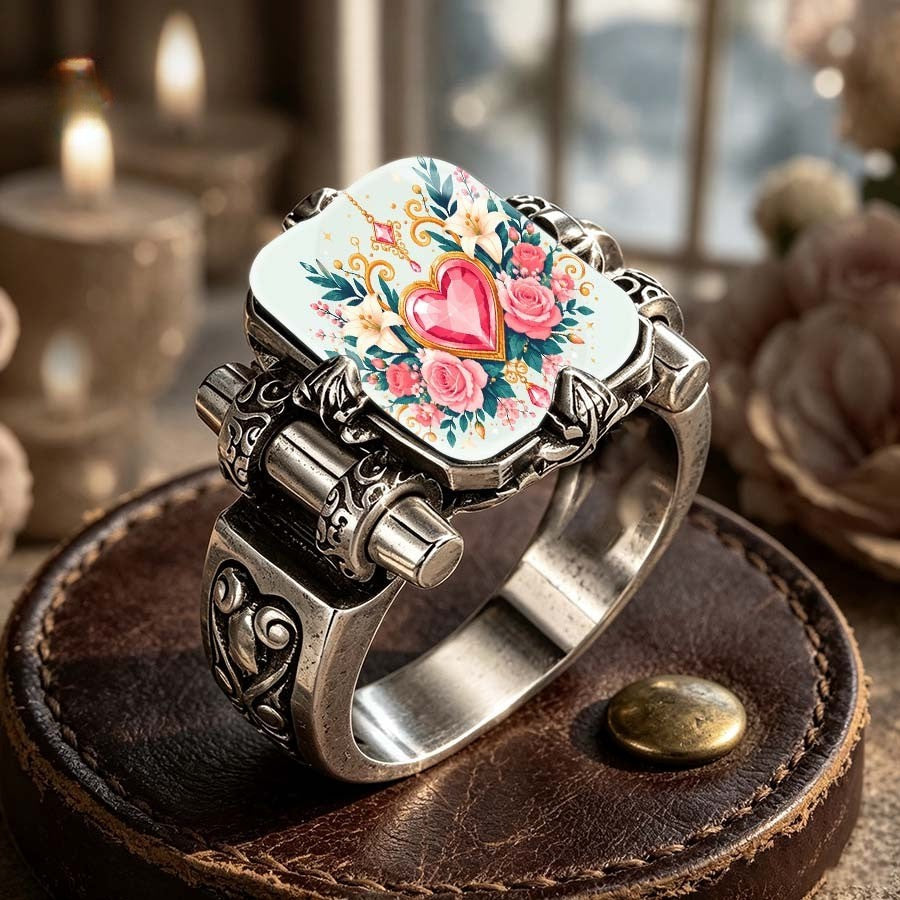 Pink Heart Floral Square Ring