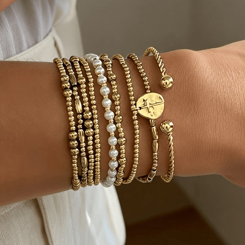 9pc Mixed Bead & Cross Stackable Bracelet Set