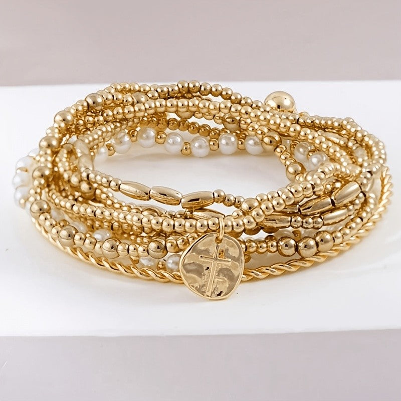 9pc Mixed Bead & Cross Stackable Bracelet Set