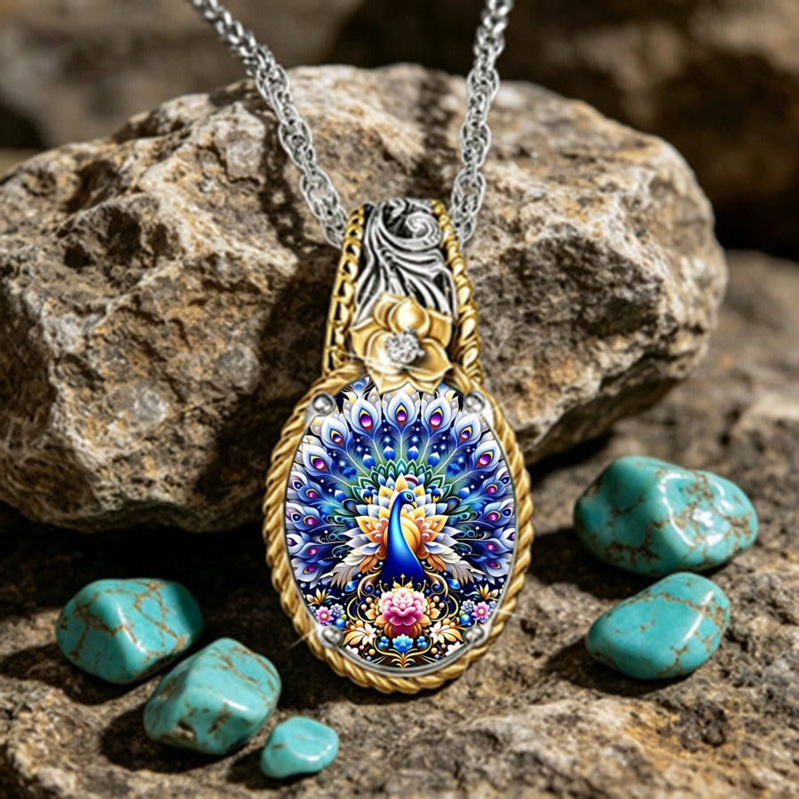 Blue Peacock Floral Pendant Necklace
