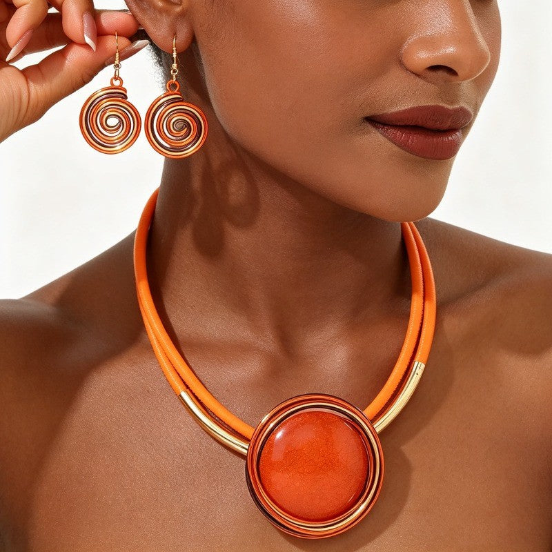 Red Swirl Disc Necklace & Earring Set