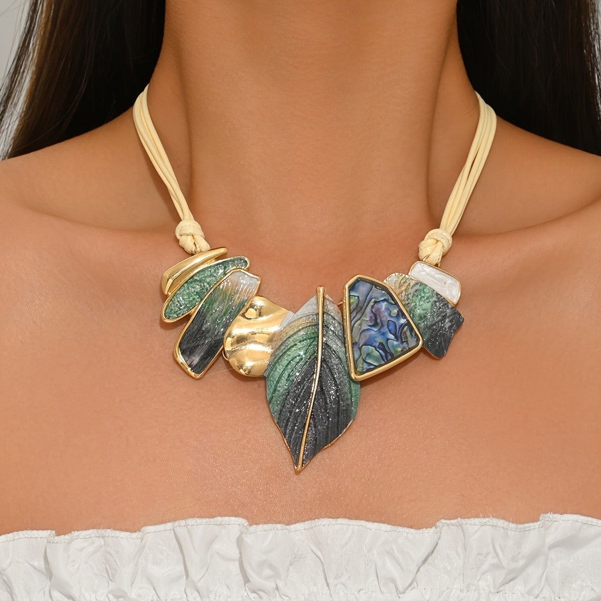 Multicolor Leaf & Geometric Patchwork Necklace