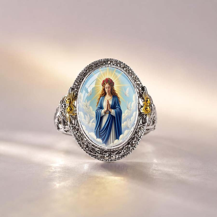 Praying Virgin Mary & Gold Floral Ring
