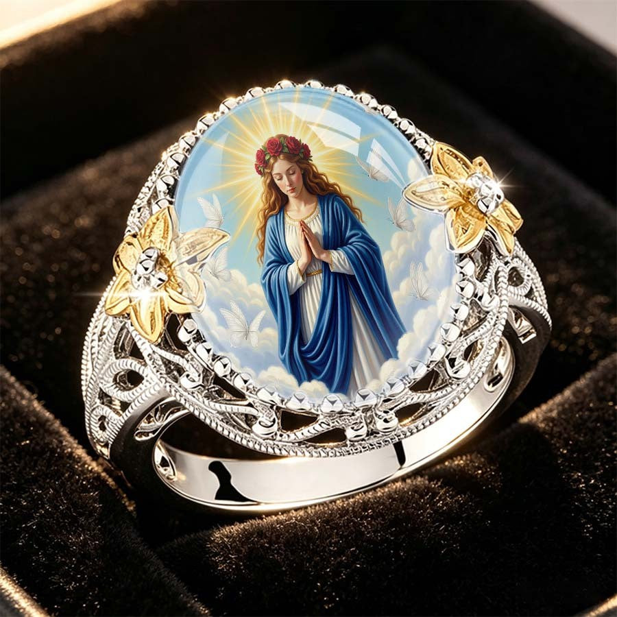 Praying Virgin Mary & Gold Floral Ring