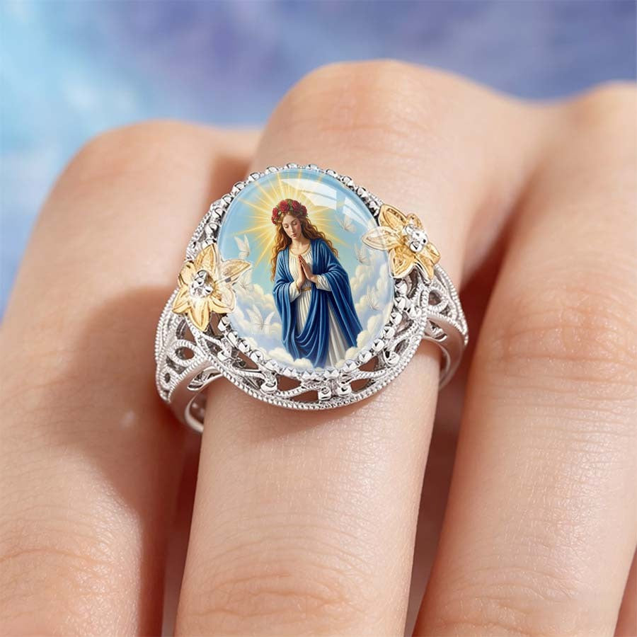 Praying Virgin Mary & Gold Floral Ring
