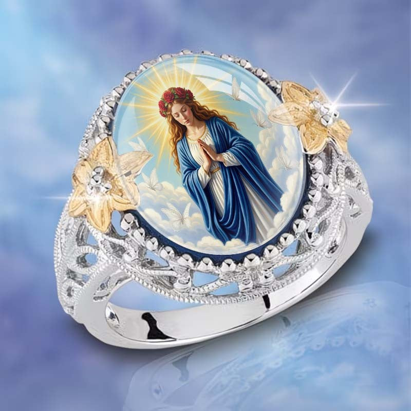Praying Virgin Mary & Gold Floral Ring