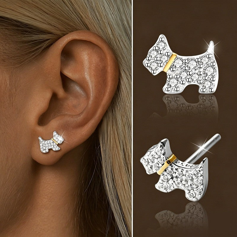 White Crystal Dog Stud Earrings