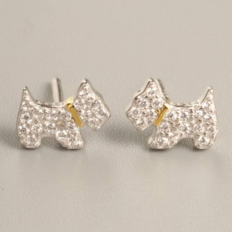 White Crystal Dog Stud Earrings
