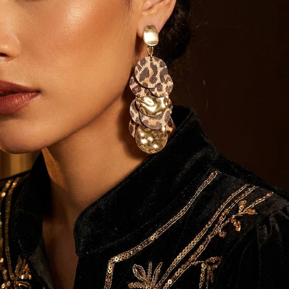Leopard Metallic Disc Drop Earrings