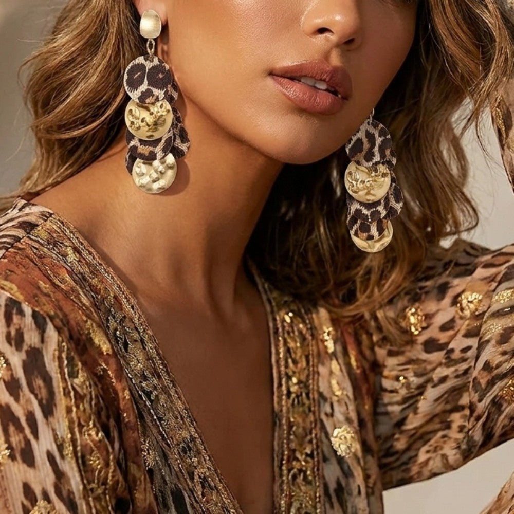Leopard Metallic Disc Drop Earrings