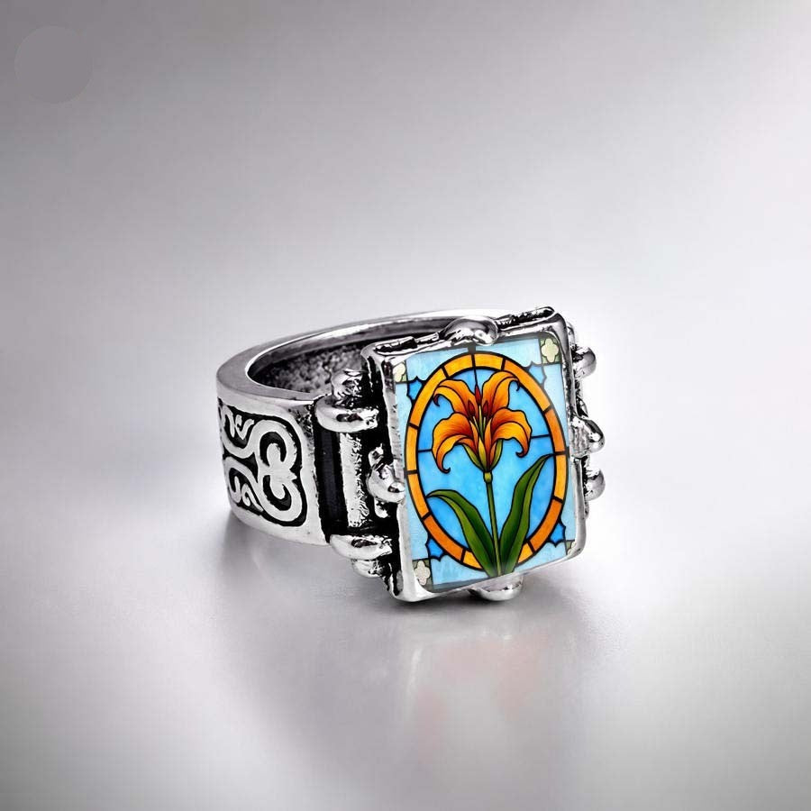 Orange Lily Stained Glass Square Ring