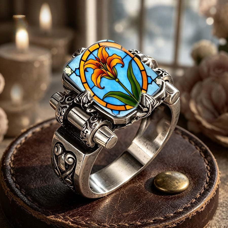 Orange Lily Stained Glass Square Ring