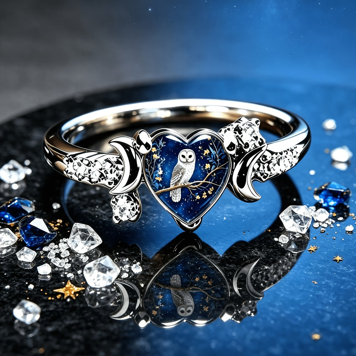 Owl Heart Crescent Ring