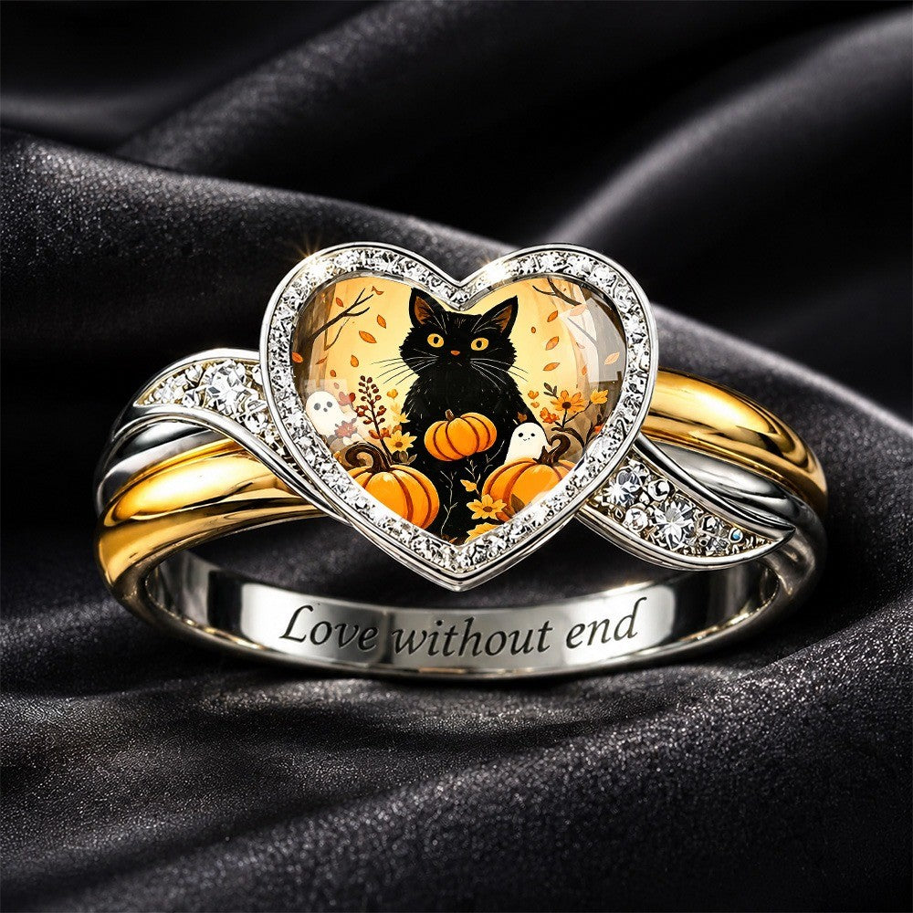 Black Cat Pumpkin Heart Ring
