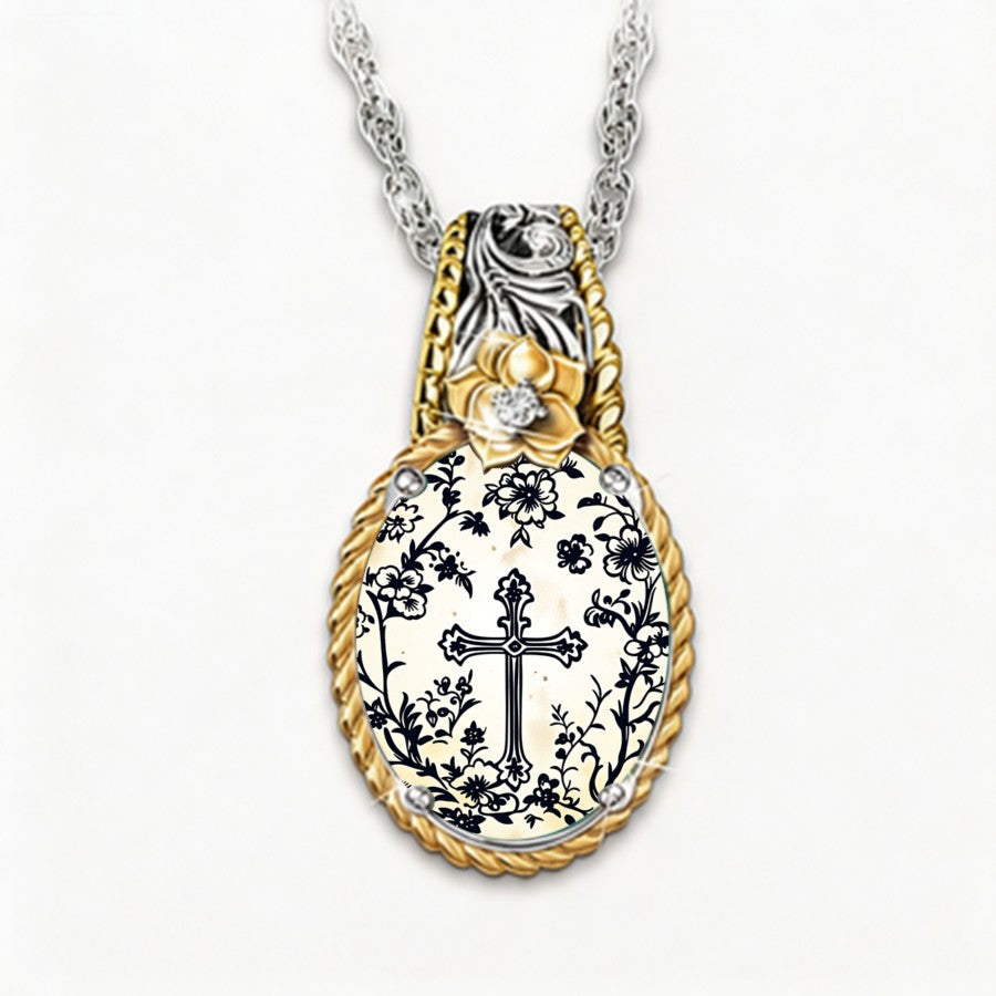 Floral Cross Cameo Pendant Necklace
