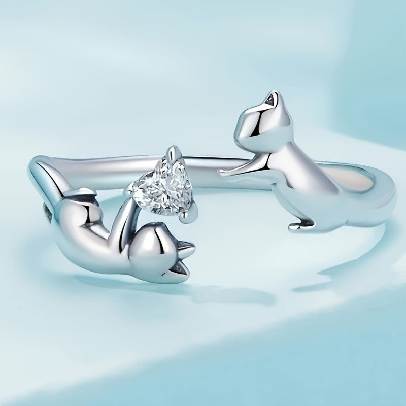 Cat & Heart Adjustable Ring