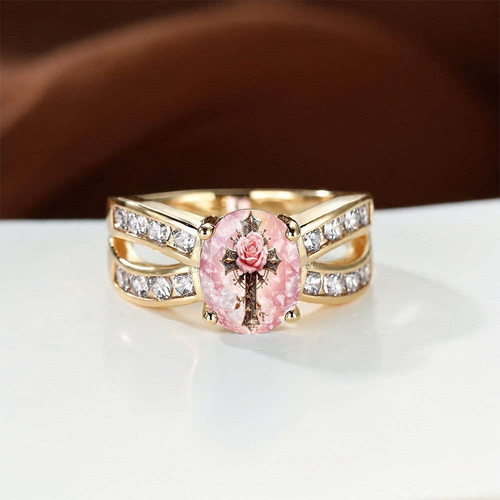 Pink Rose Cross Oval Ring