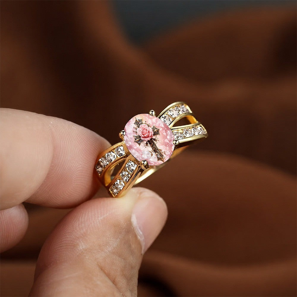 Pink Rose Cross Oval Ring