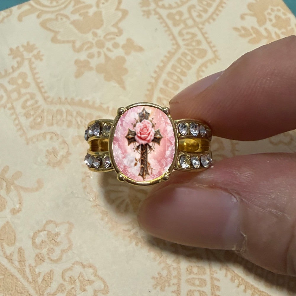 Pink Rose Cross Oval Ring