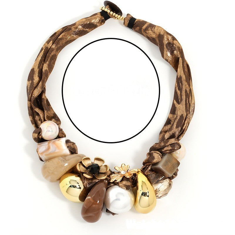 Leopard Woven Floral Statement Necklace