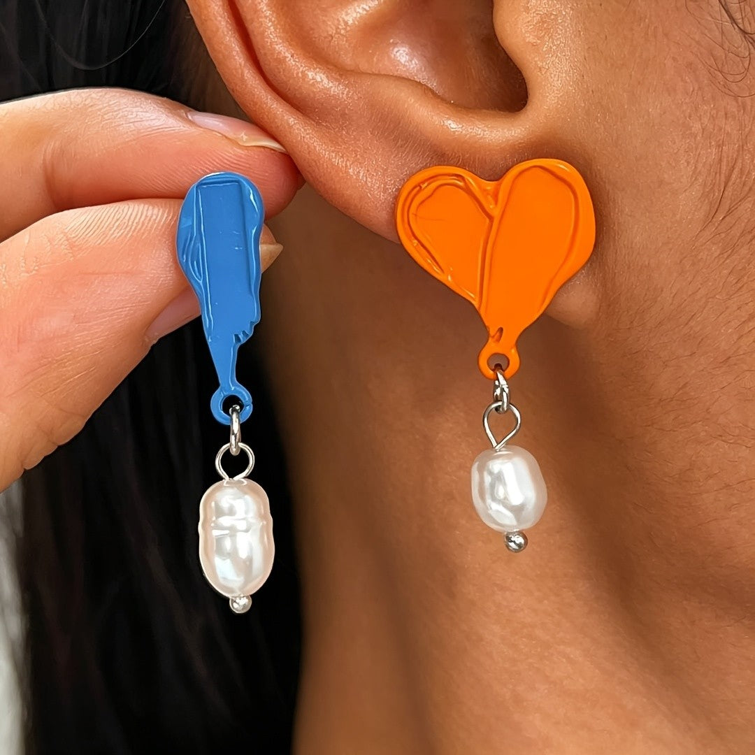 Colorful Heart & Exclamation Pearl Drop Earrings