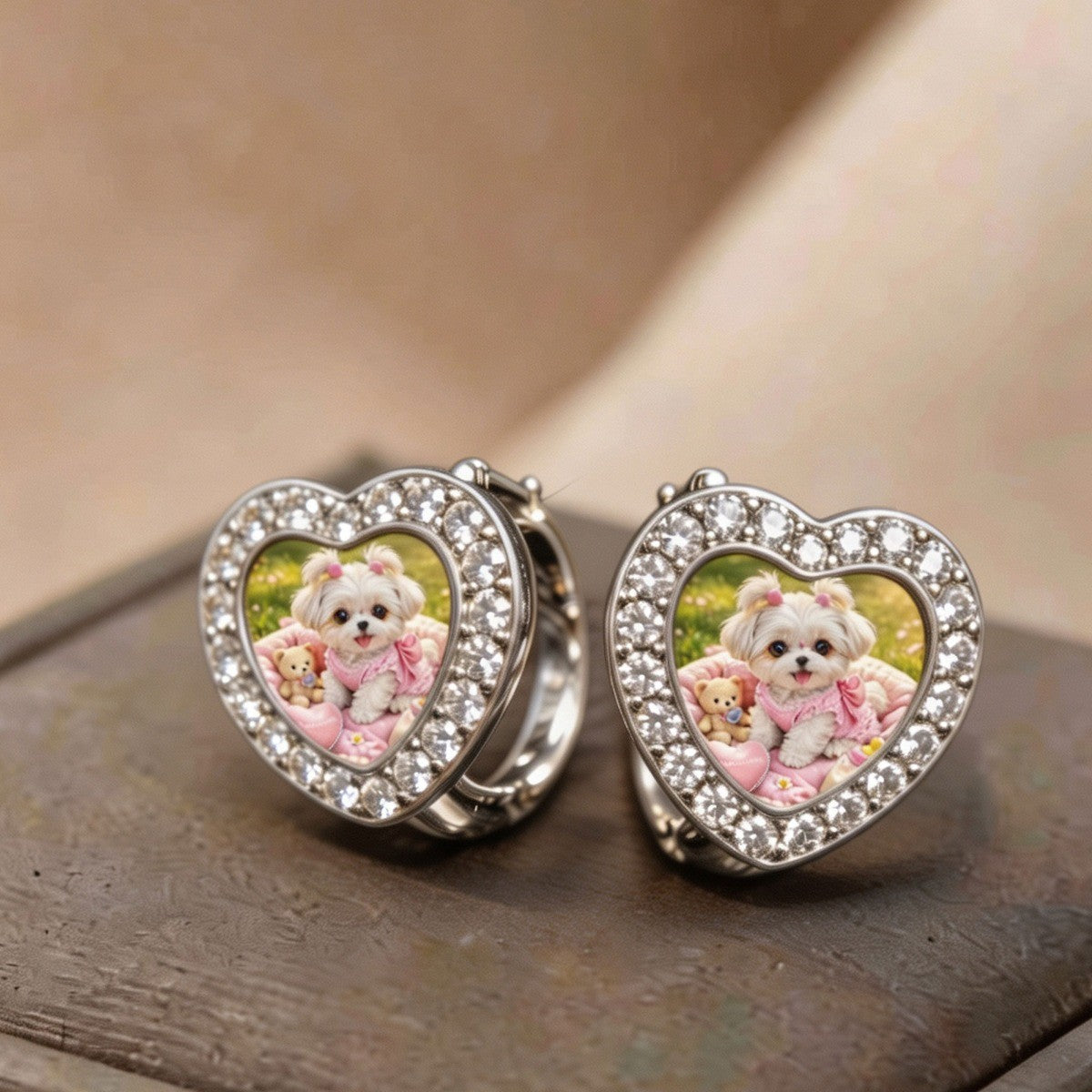 Crystal Heart Puppy Hoop Earrings