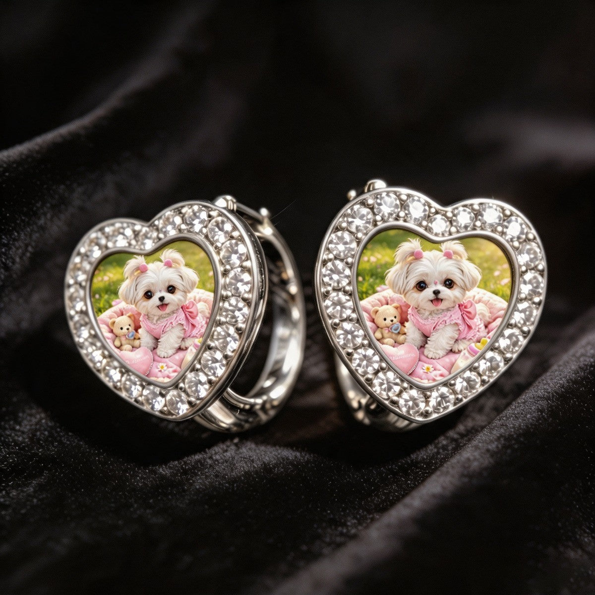 Crystal Heart Puppy Hoop Earrings