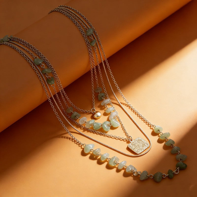 Green Chip Stone & Square Pendant Layered Necklace
