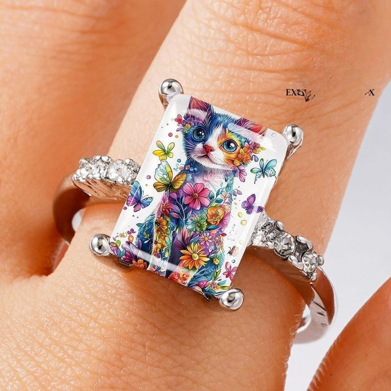 Colorful Cat & Butterfly Square Ring