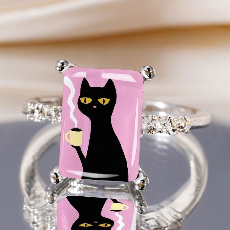 Pink Black Cat Coffee Square Ring