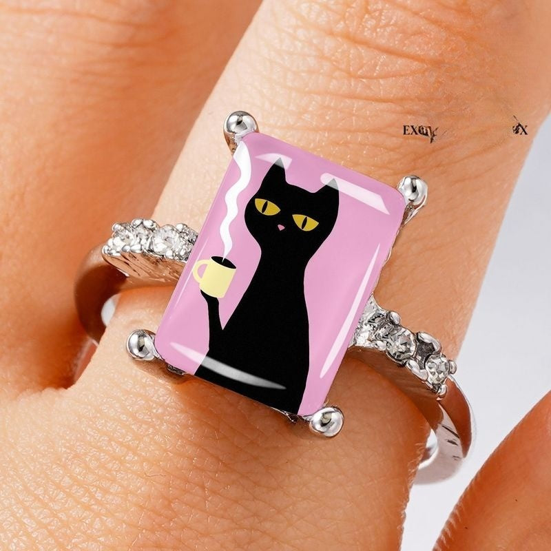 Pink Black Cat Coffee Square Ring