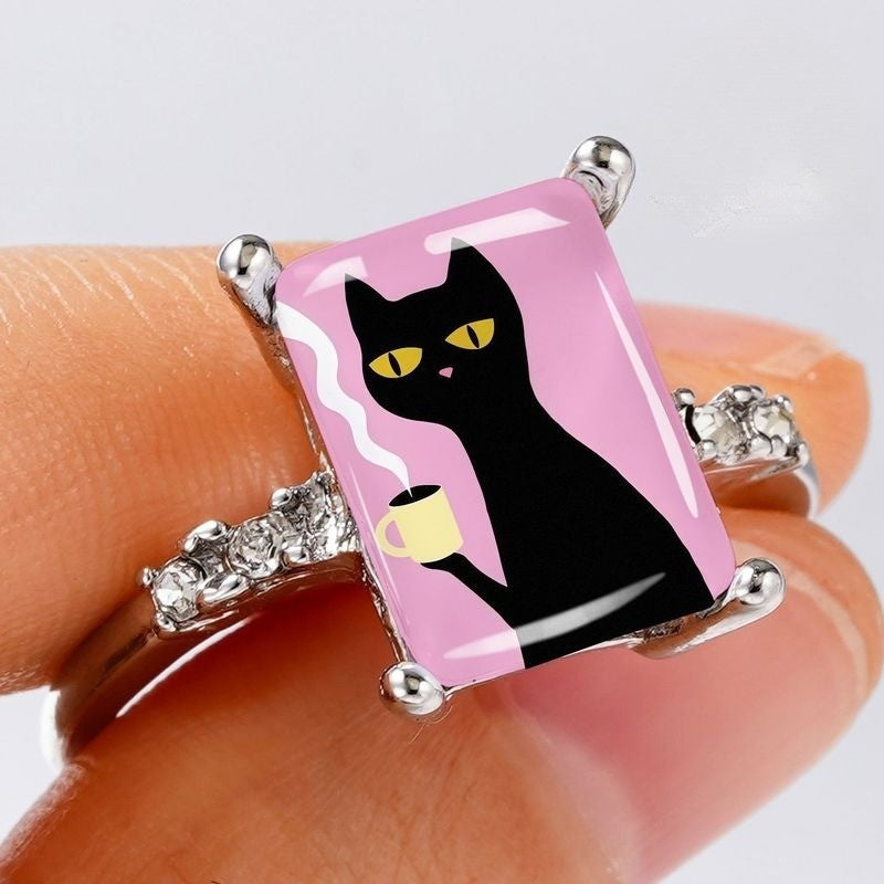 Pink Black Cat Coffee Square Ring