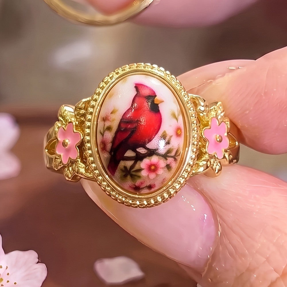 Red Bird Floral Oval Ring