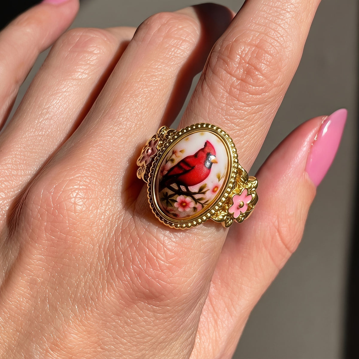 Red Bird Floral Oval Ring