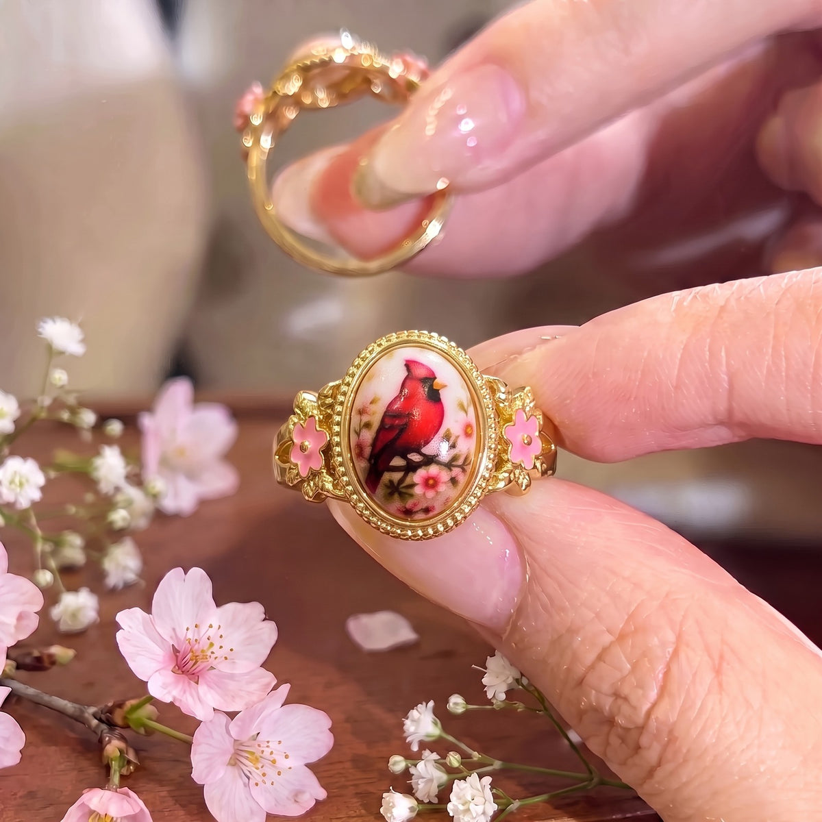 Red Bird Floral Oval Ring