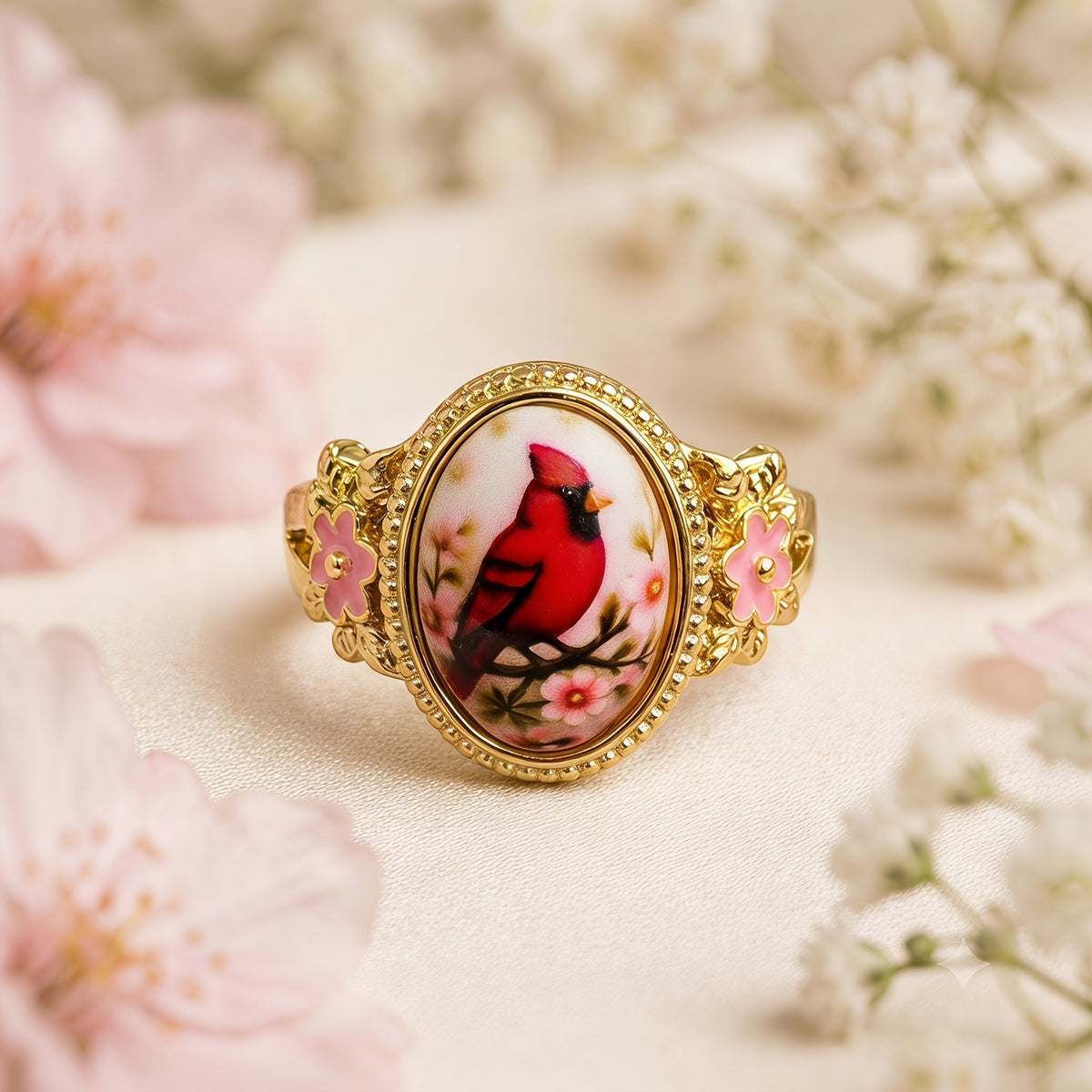 Red Bird Floral Oval Ring