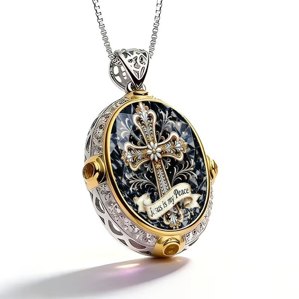 Ornate Cross & Scripture Oval Necklace