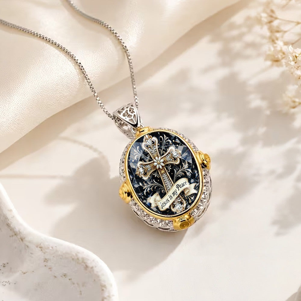 Ornate Cross & Scripture Oval Necklace