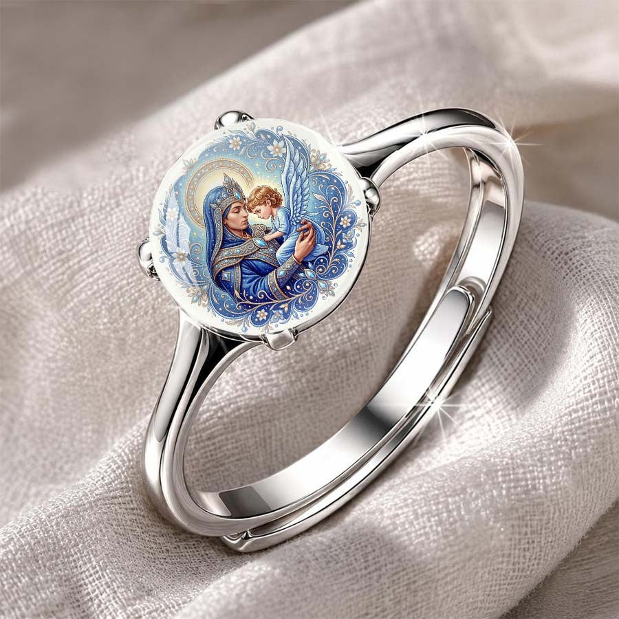 Blue Virgin Mary & Angel Medallion Ring