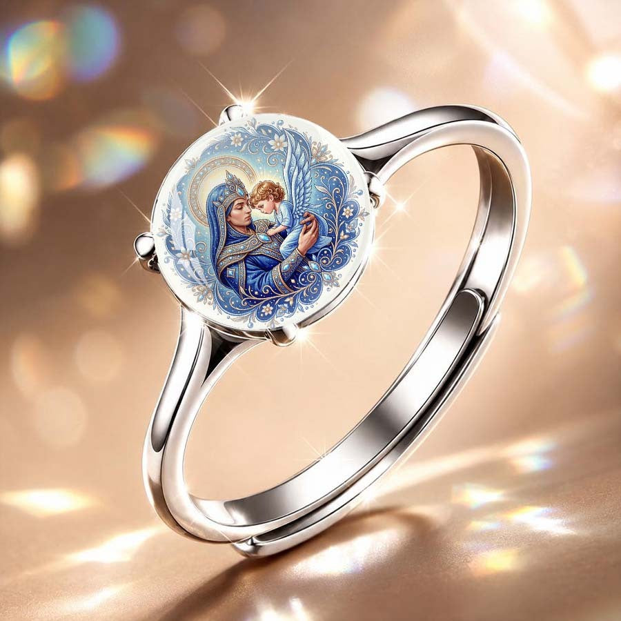 Blue Virgin Mary & Angel Medallion Ring