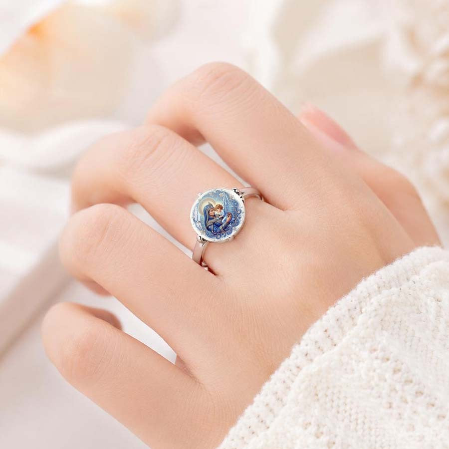 Blue Virgin Mary & Angel Medallion Ring