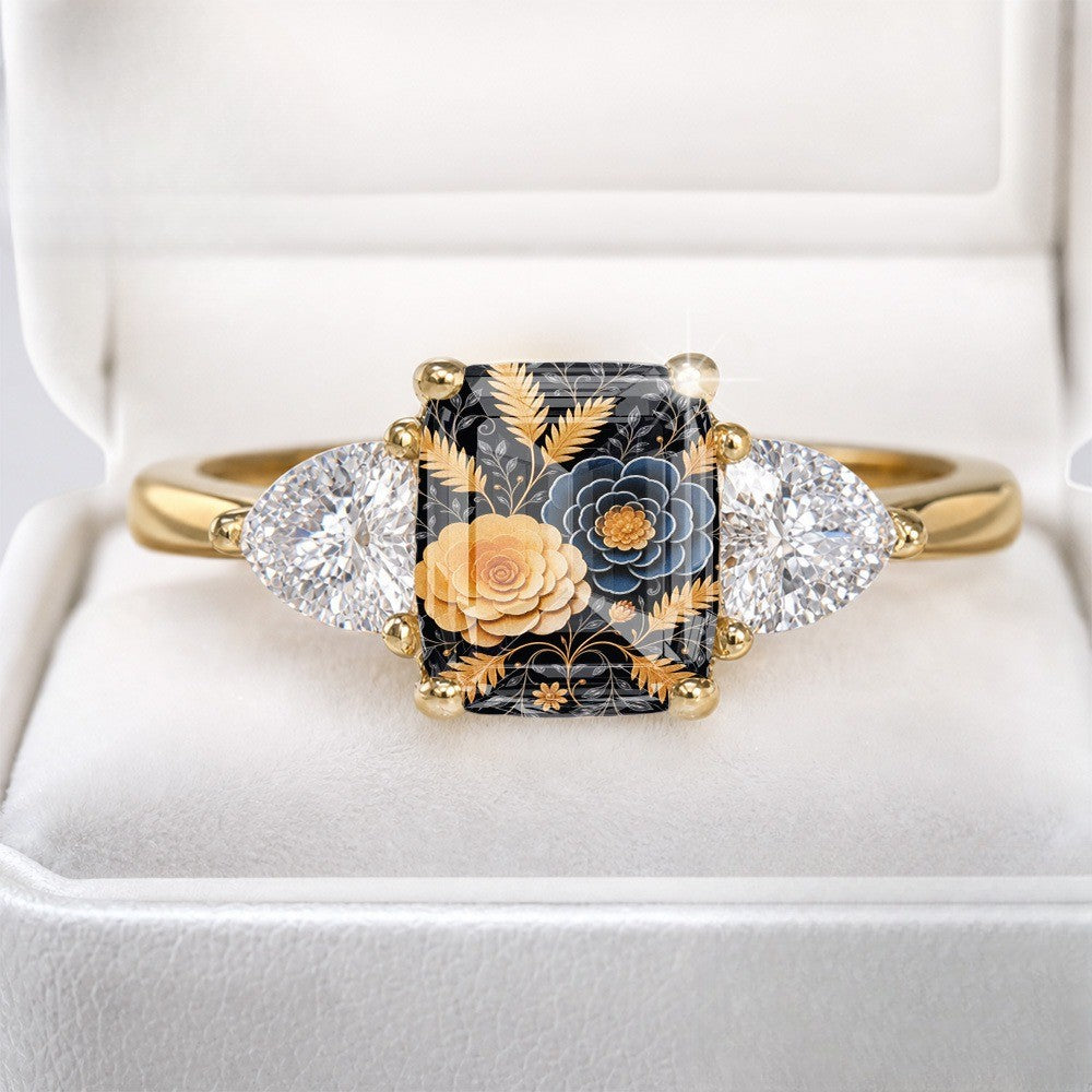 Black Floral Three-Stone Ring