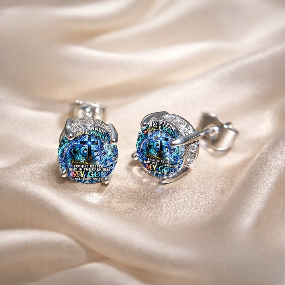 Blue Lion Cross Stud Earrings