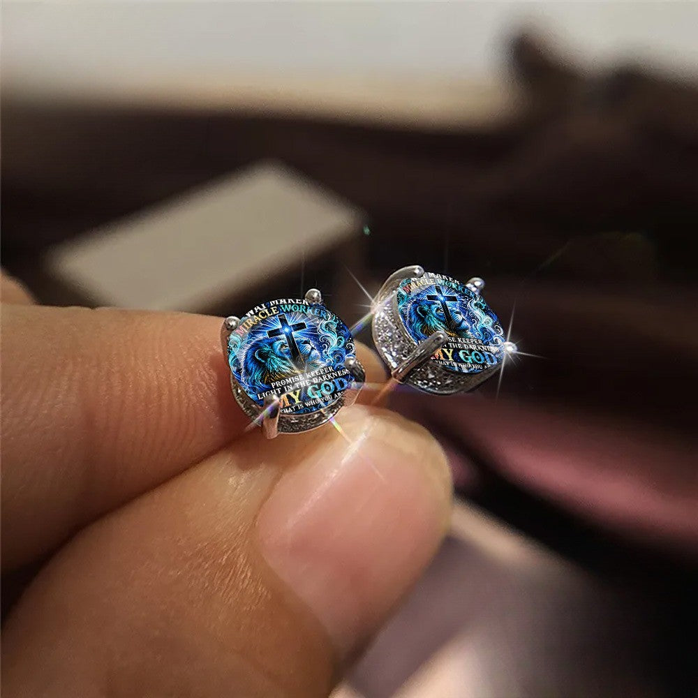 Blue Lion Cross Stud Earrings