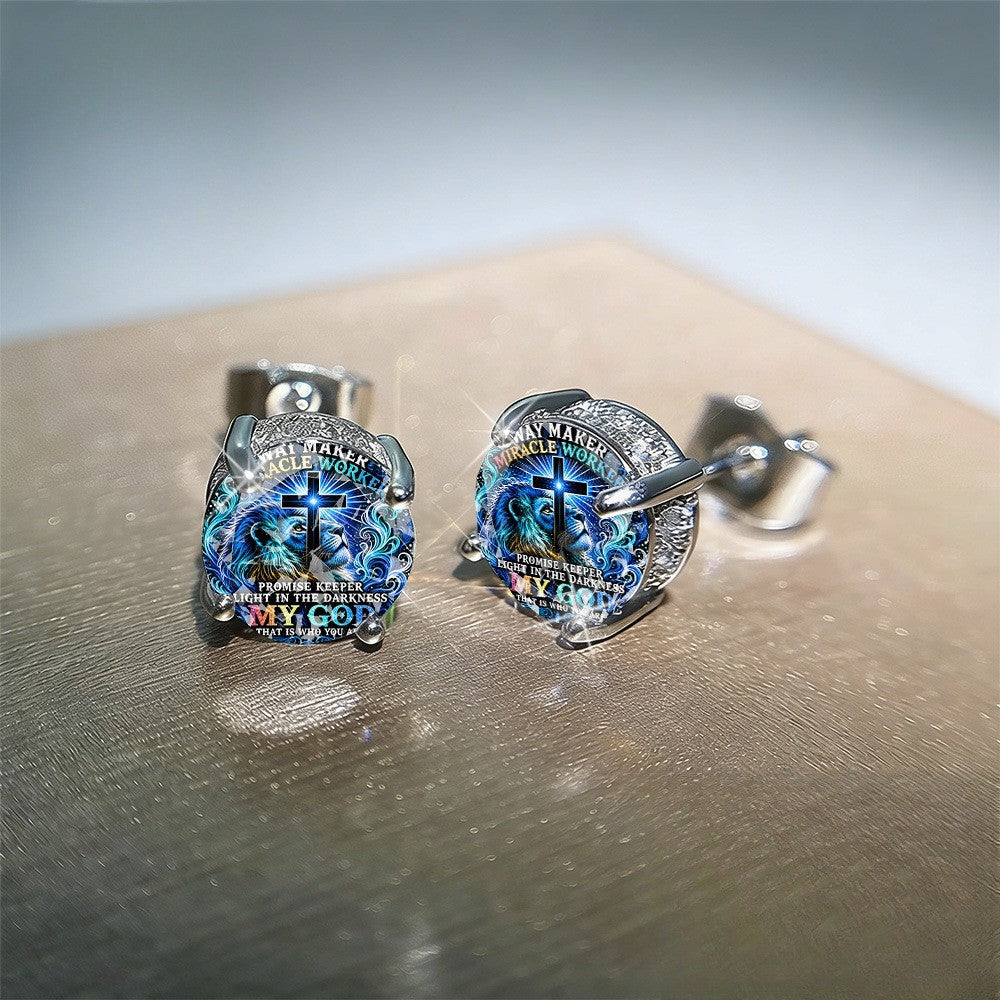 Blue Lion Cross Stud Earrings