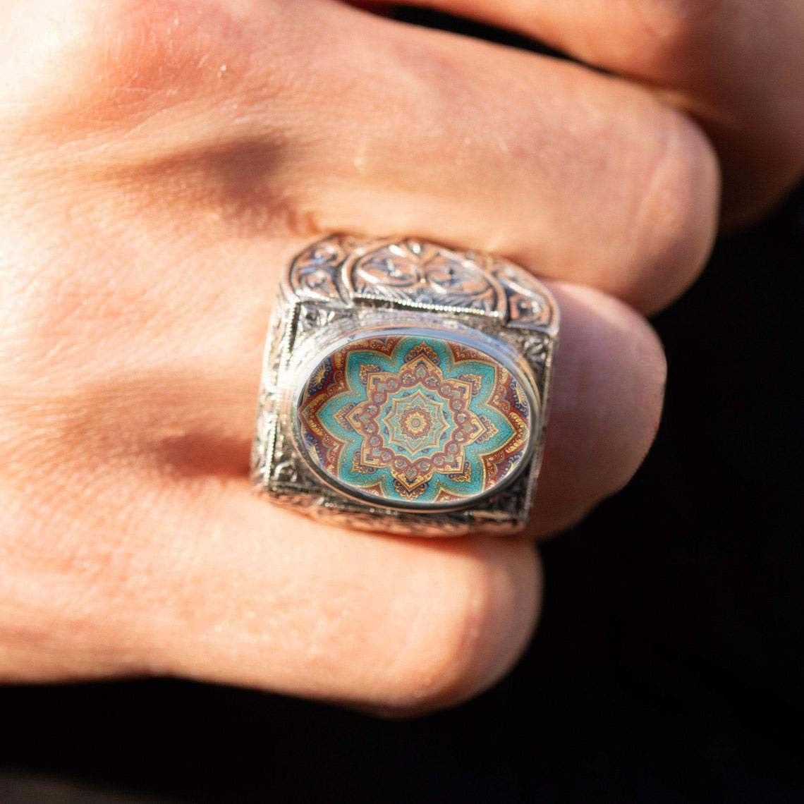 Teal Mandala Carved Ring