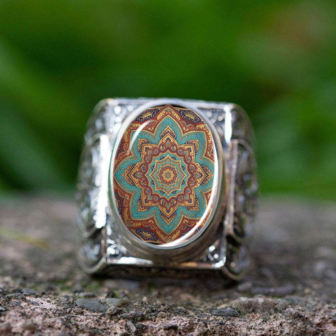 Teal Mandala Carved Ring