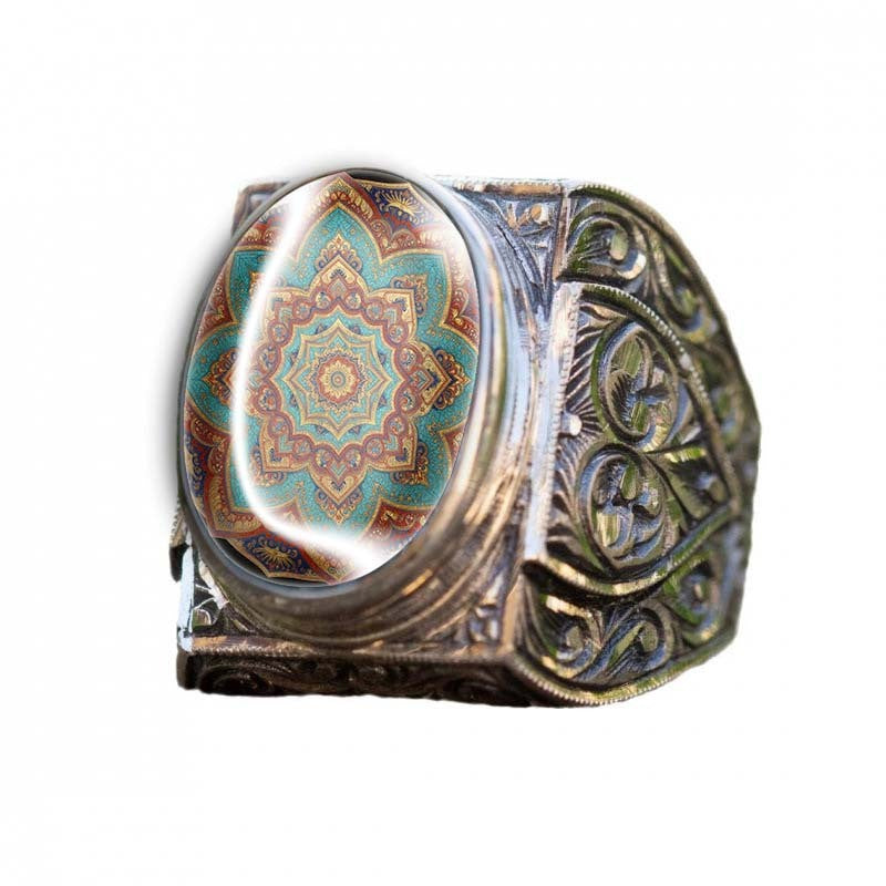 Teal Mandala Carved Ring