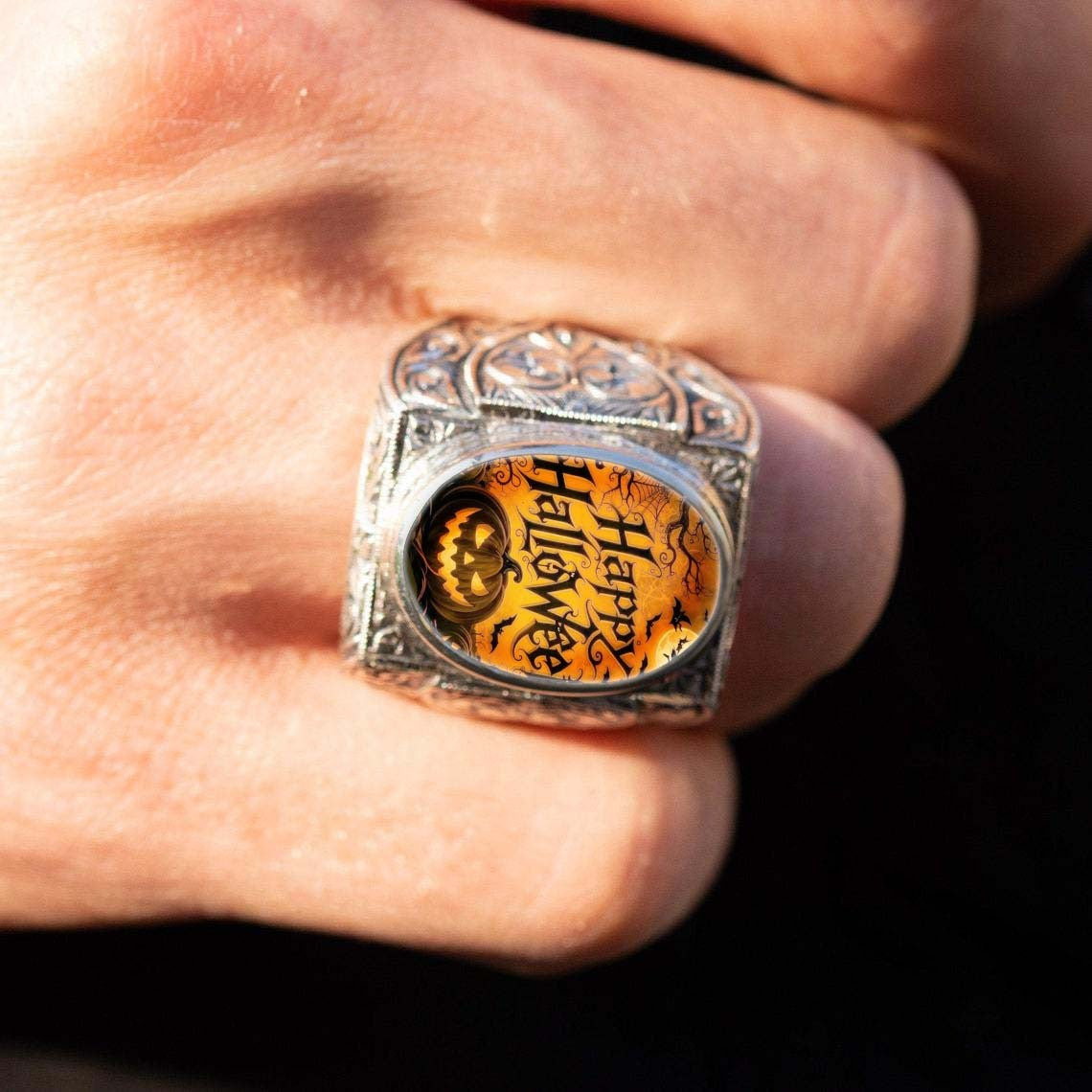 Halloween Pumpkin & Bat Oval Ring