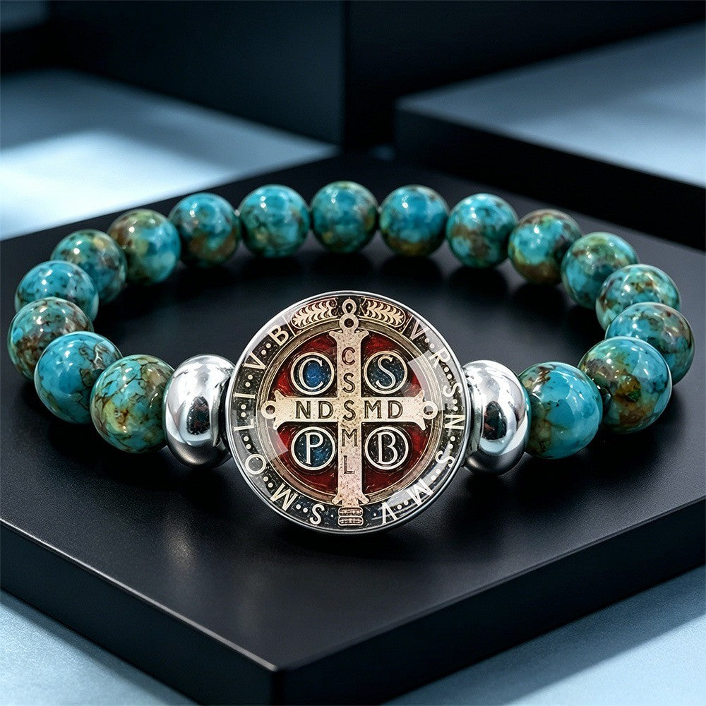 Turquoise Bead & Saint Benedict Bracelet